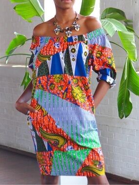 Suakoko Betty “Makeba” Off-Shoulder African Print Shift Dress